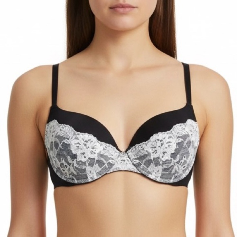 Smart & Sexy Women‎ 36B Black White Rhinestone Lace Push-Up Underwired Bra